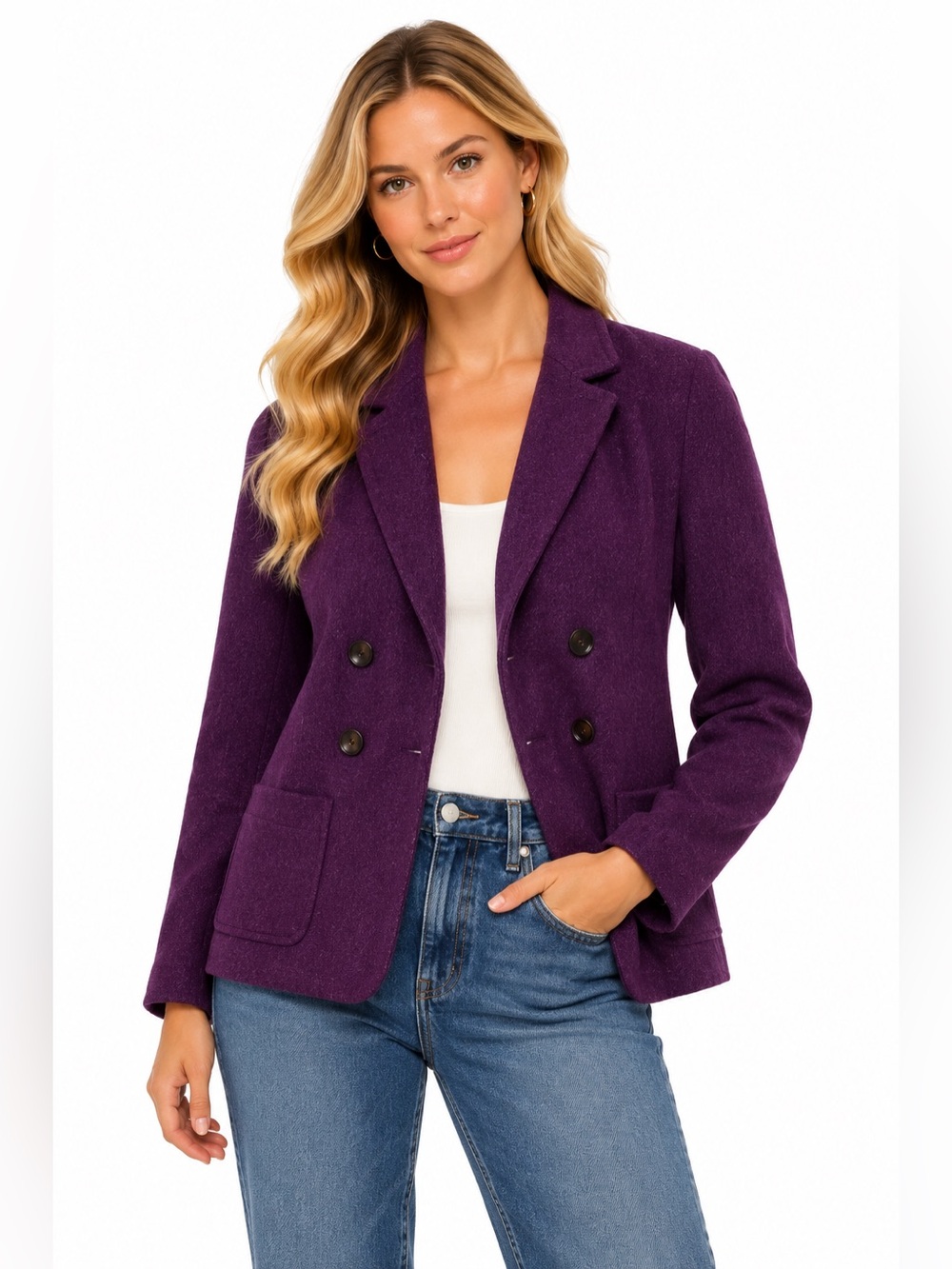 NWT J.Jill Purple Wool-Blend Double-Breasted Outdoor Blazer Jacket Women's Size